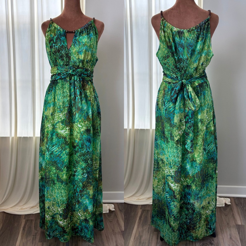 90s Vintage Sheri Martin New York Green Tropical Print Chiffon Maxi Dress 10